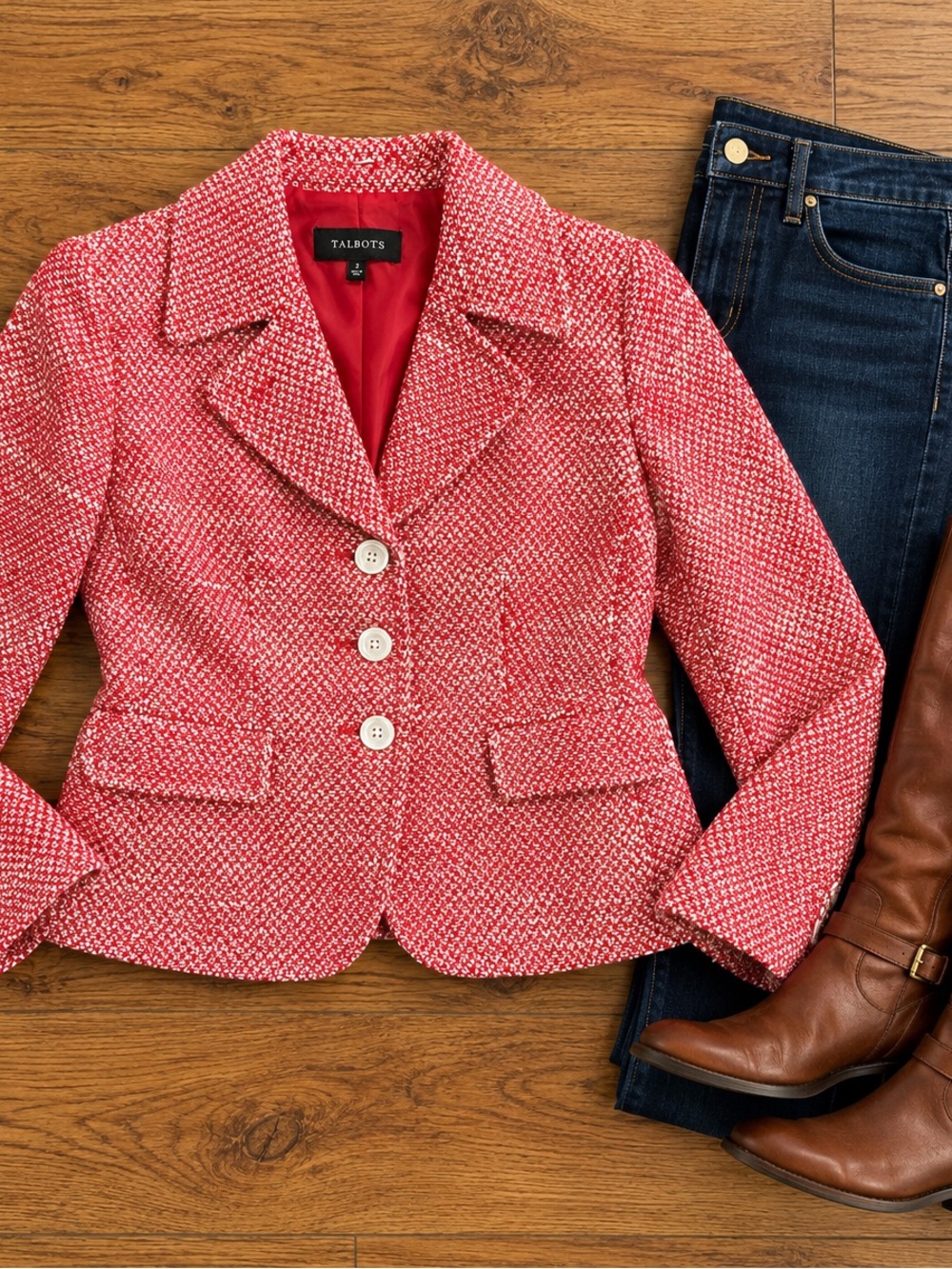 Talbots Women’s Red White Tweed Blazer Size 2 Cotton Linen NWOT